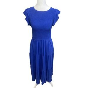 MEROKEETY Smocked Midi Dress Royal Blue Flutter Sleeve Tiered Skirt Sz M Boho